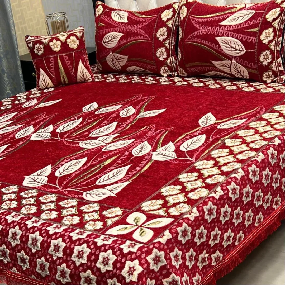 4 Pcs Velvet Jacquard Embroidered Double Bedsheet