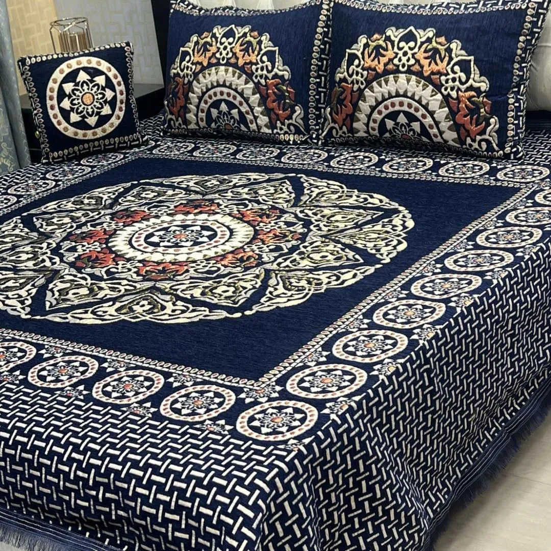 4 Pcs Velvet Jacquard Embroidered Double Bedsheet