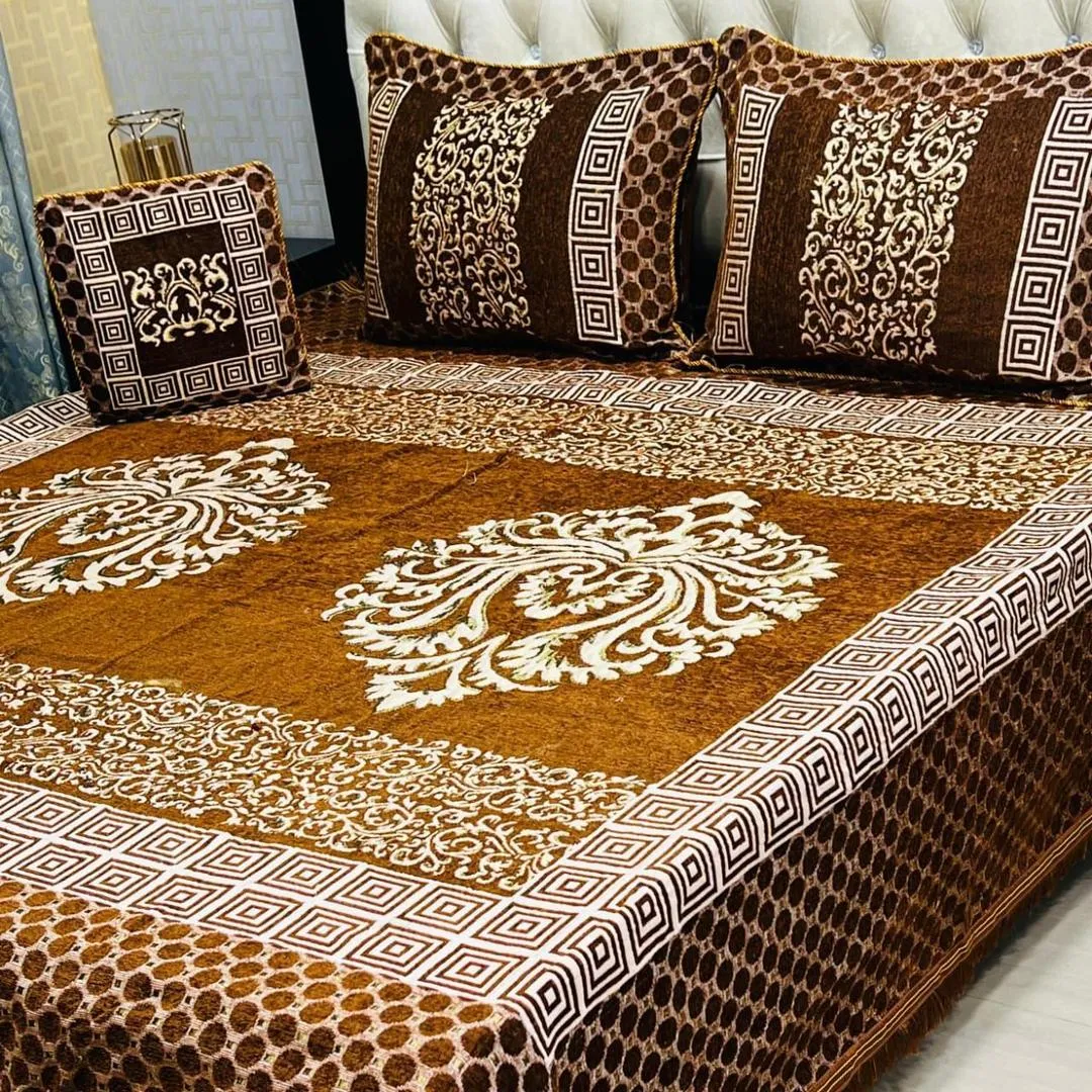 4 Pcs Velvet Jacquard Embroidered Double Bedsheet