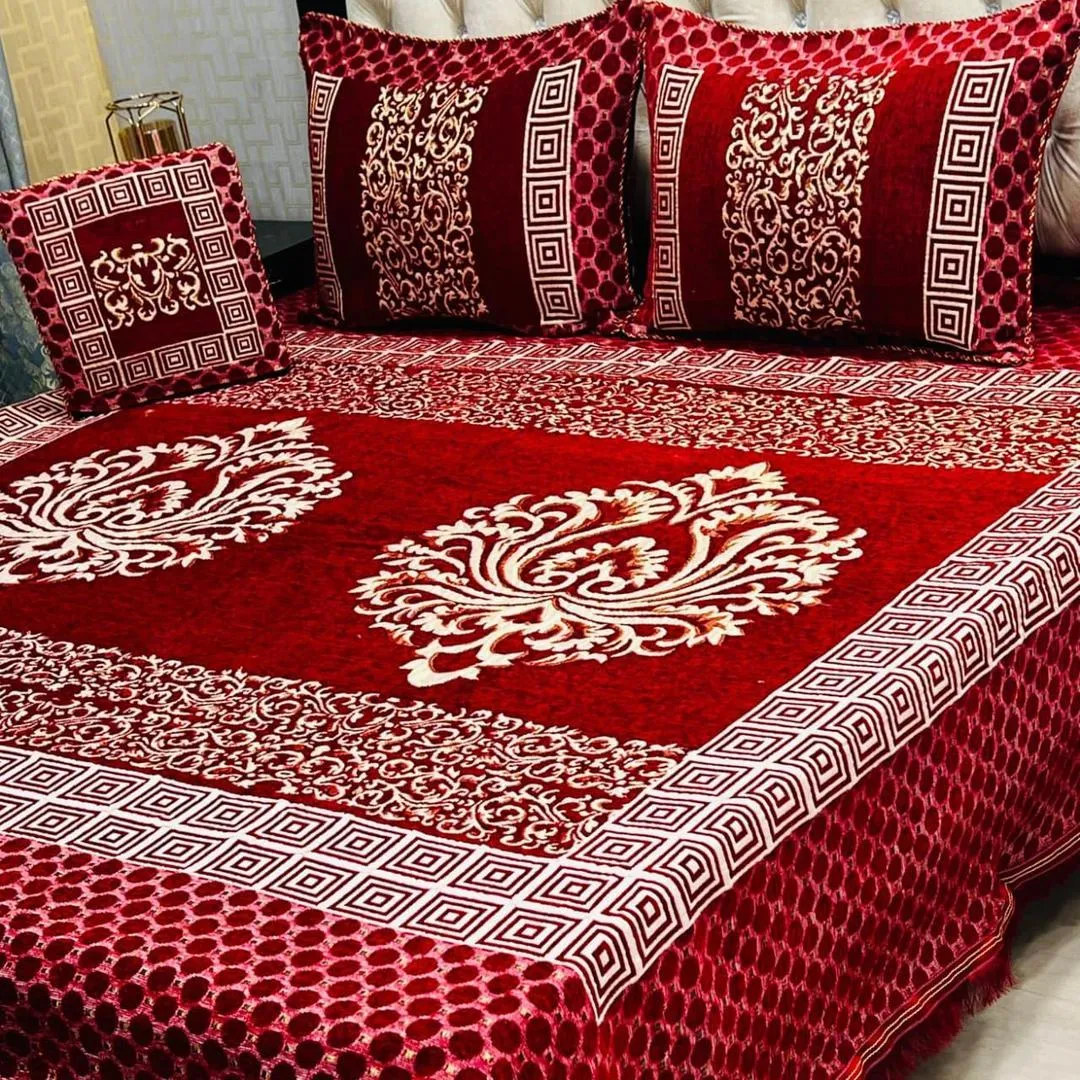 4 Pcs Velvet Jacquard Embroidered Double Bedsheet