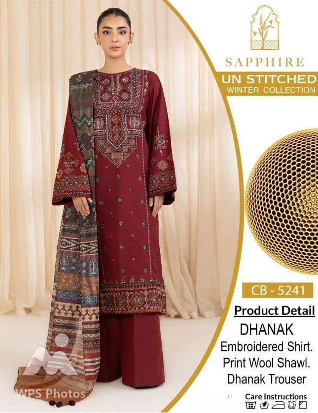 3 Pcs Women's Unstitched Embroidered Suit