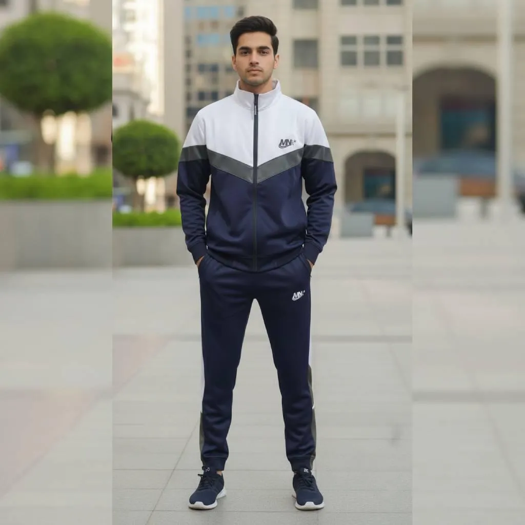 Men's Fleece Zipper Track Suit - 2 Pcs Blue Printed Set