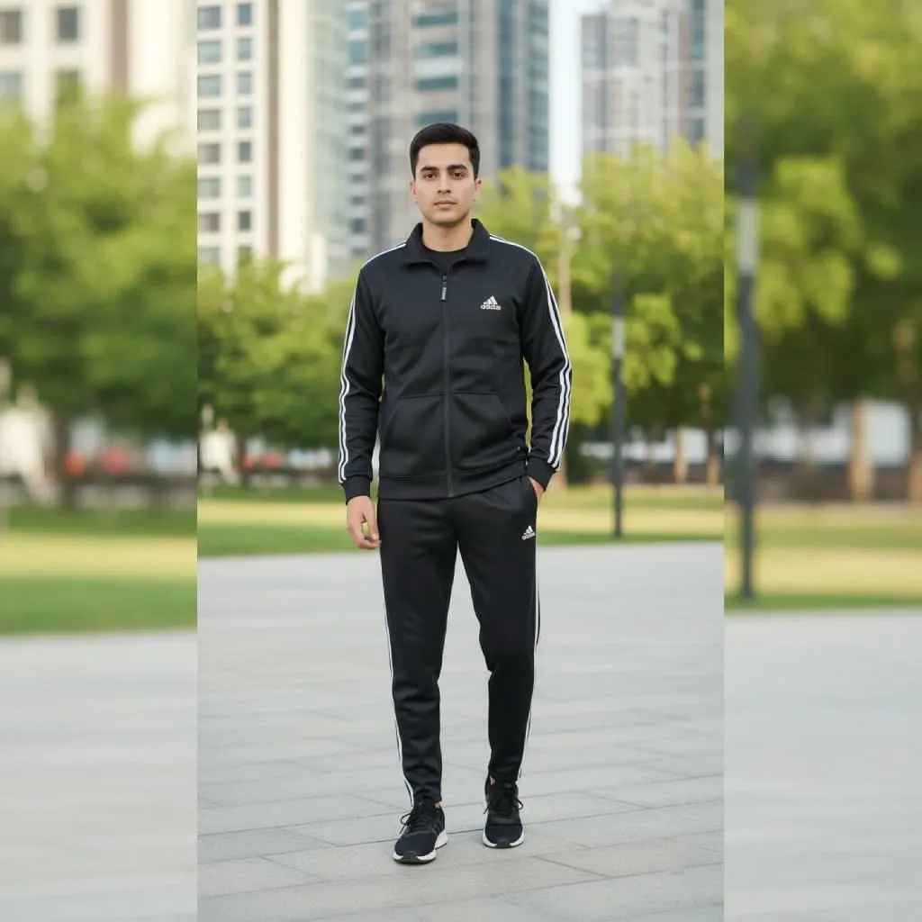 Men's Fleece Zipper Track Suit - 2 Pcs in Classic Black
