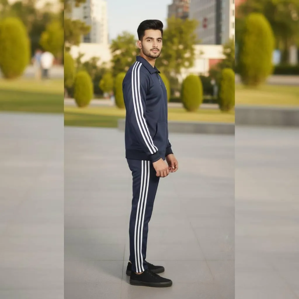 Men's Fleece Zipper Track Suit - 2 Pcs in Blue, Plain Design