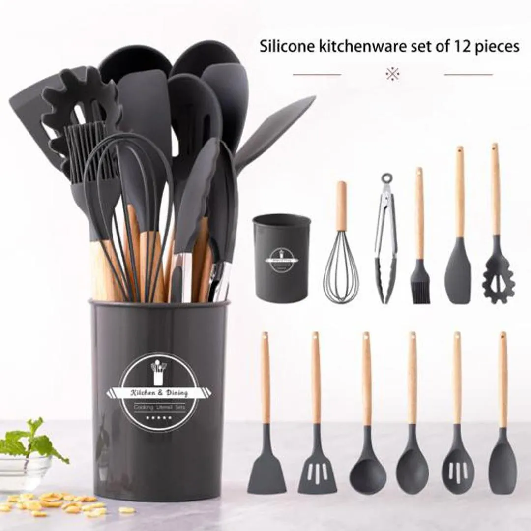 Premium Quality 12 Pcs Silicone Cooking Utensils Kitchen Utensil Set - Heat Resistant Non-Toxic BPA Free Spatula Set with Turner Tongs,Spoon,Brush,Whisk-Wooden Handles Kitchen 