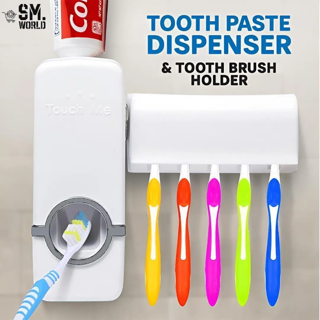 High Quality Set of Toothpaste Dispenser & Brush Holder - Plastic Automatic Toothpaste Dispenser With Tooth Brush Holder For Homes And Bathrooms