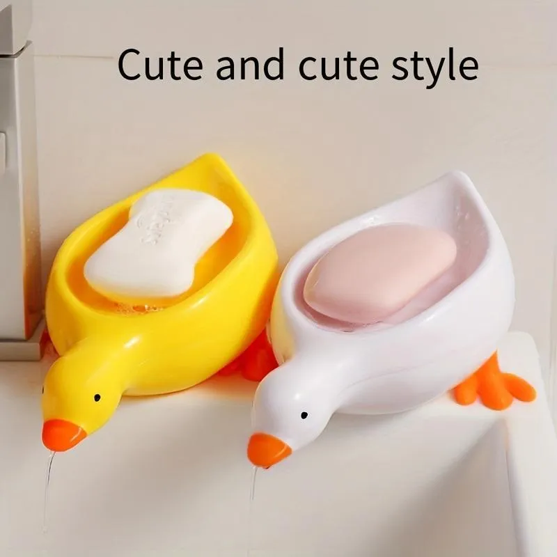 Stylish Duck Shape Soap Holder Self Draining Easy Clean Soap Dish Sabun Dani For Shower with Suction Cup Creative Soap Box For Bathroom Kitchen Wash Basin Sink