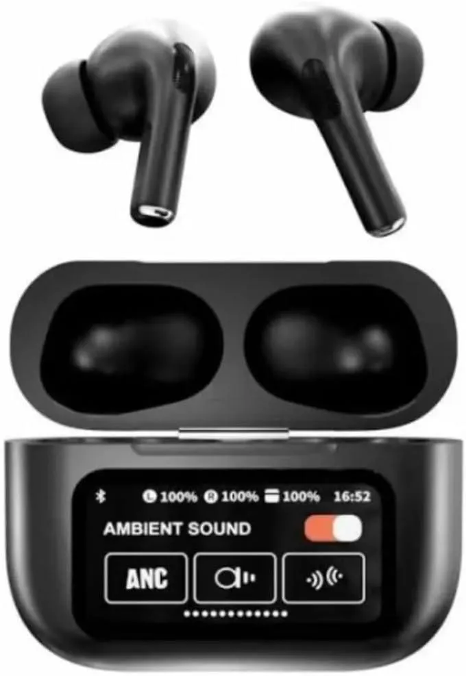 Black Smart Bluetooth Earbuds with ANC & Screen