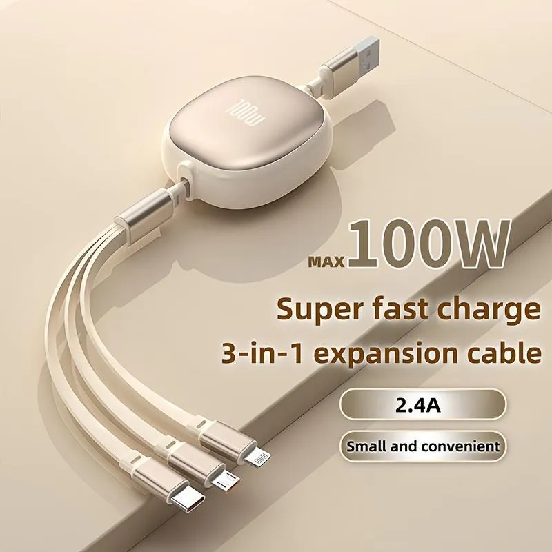 3-in-1 Fast Charging Cable Type-C Lightning Micro USB Retractable