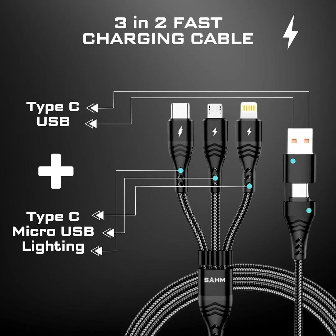 3-in-1 Fast Charging Cable Type-C Lightning USB Black