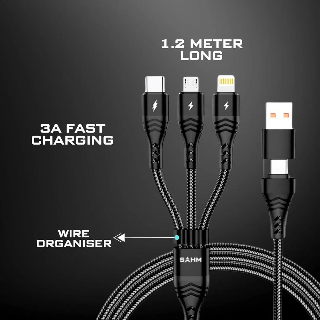 3-in-1 Fast Charging Cable Type-C Lightning USB Black