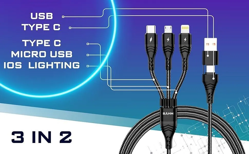 3-in-1 Fast Charging Cable Type-C Lightning USB Black