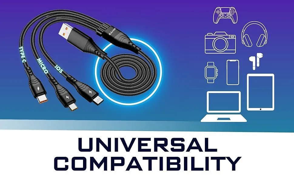 3-in-1 Fast Charging Cable Type-C Lightning USB Black