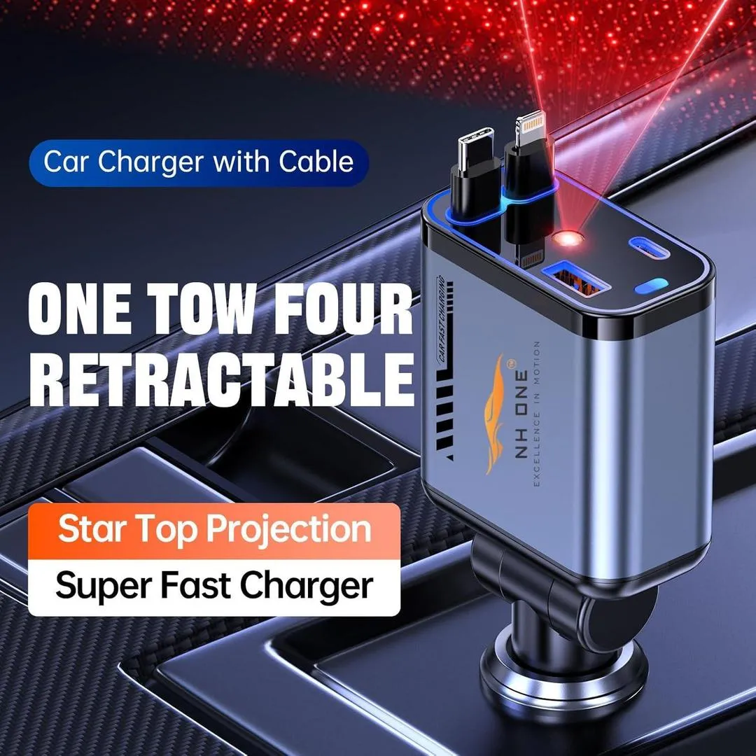 4 in 1 Retractable Car Charger | 120W Fast Charger Built-in Cables Compatible with iPhone, Android, iPad, Tablets