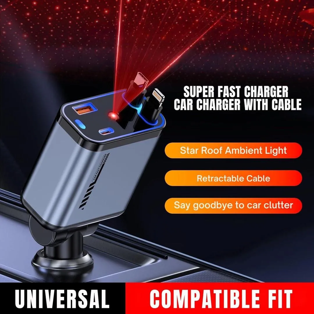 4 in 1 Retractable Car Charger | 120W Fast Charger Built-in Cables Compatible with iPhone, Android, iPad, Tablets