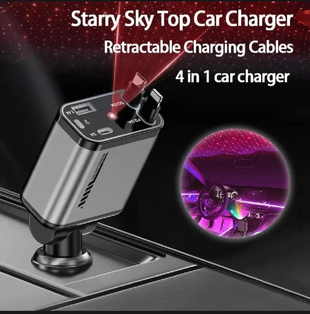 4 in 1 Retractable Car Charger | 120W Fast Charger Built-in Cables Compatible with iPhone, Android, iPad, Tablets