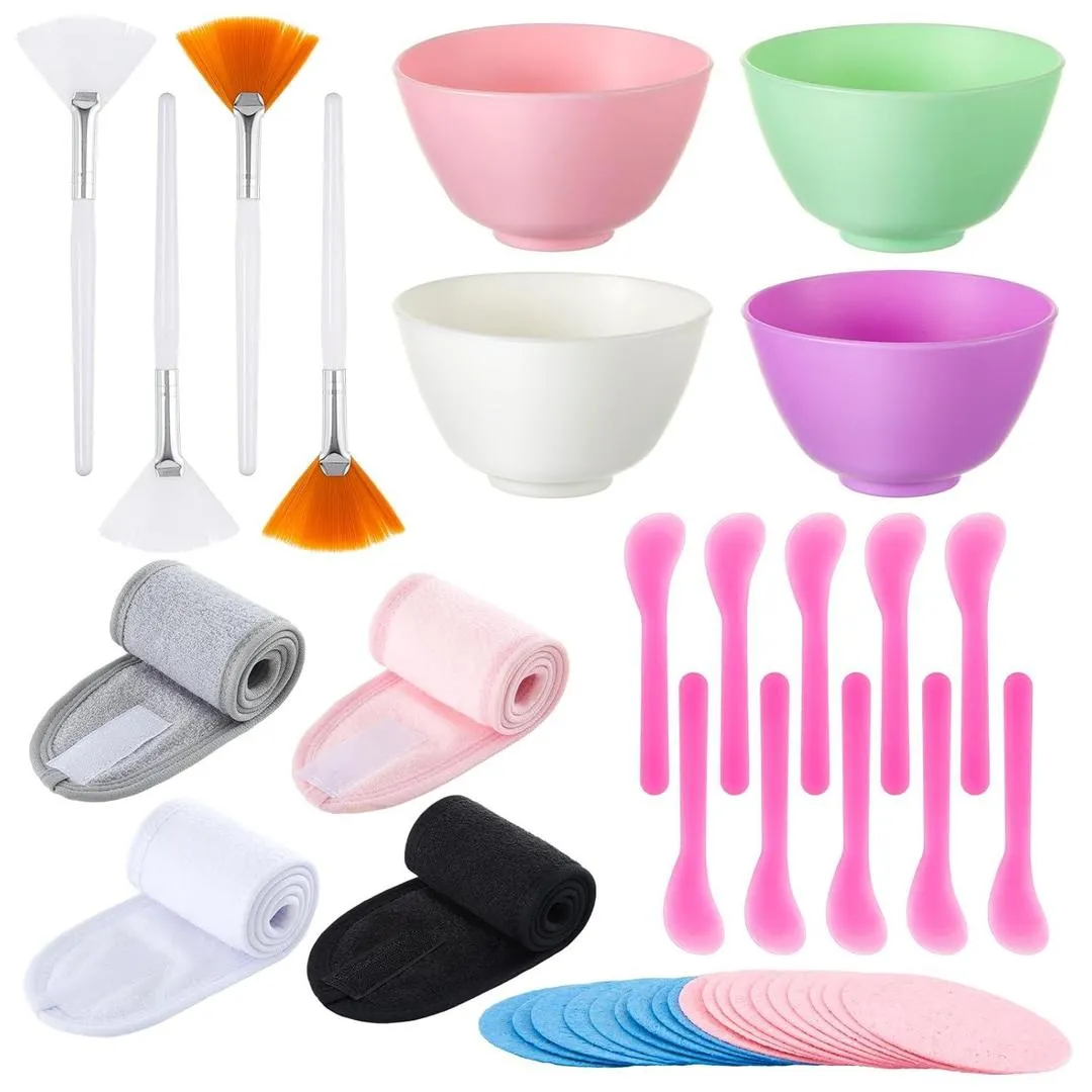 The Complete Facial Tool Kit: 4x Cleansing Sponge Puffs, Hair Patti, Mixing Bowl & Brush