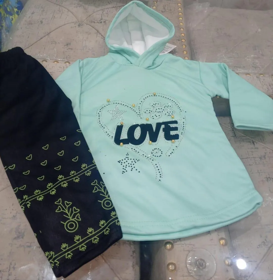 2 Pcs Girls Fleece Printed Shirt & Trouser Suit – Soft, Warm & Comfortable (Normal Quality)