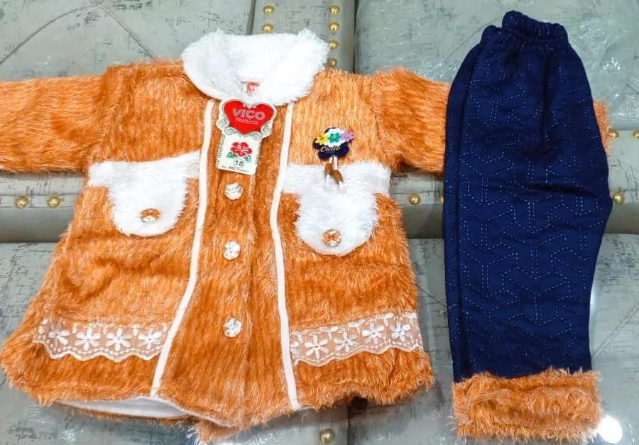 2 Pcs Girl's Fleece Textured Shirt & Trouser Suit – Premium Winter Outfit for Girls