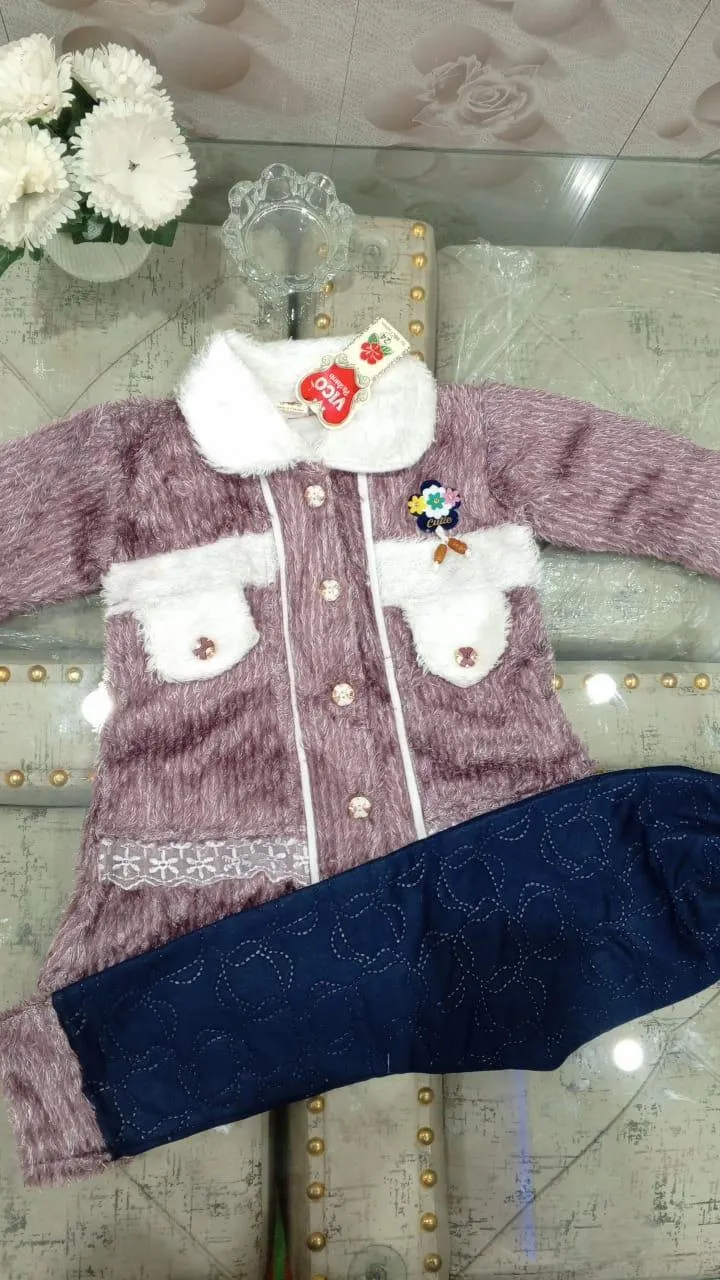 2 Pcs Girl's Fleece Textured Shirt & Trouser Suit – Premium Winter Outfit for Girls