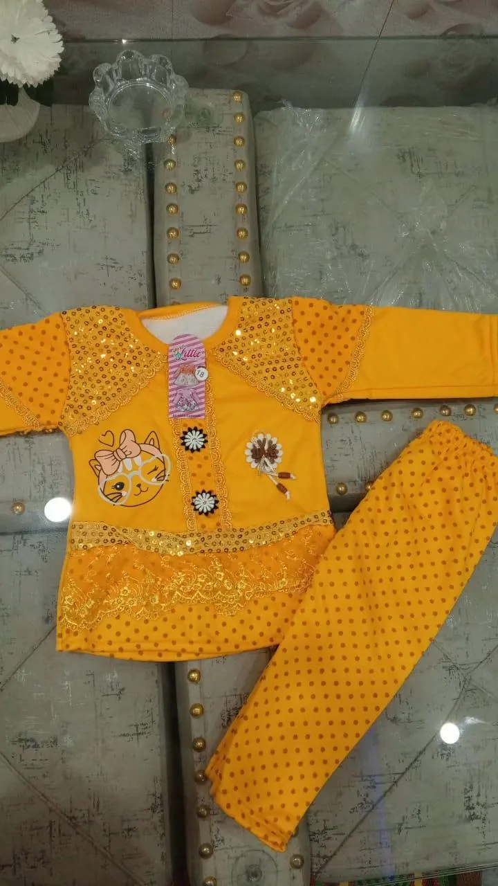 2 Pcs Girl's Cotton Blend Plain Frock & Trouser Set – Soft, Comfortable & Everyday Wear