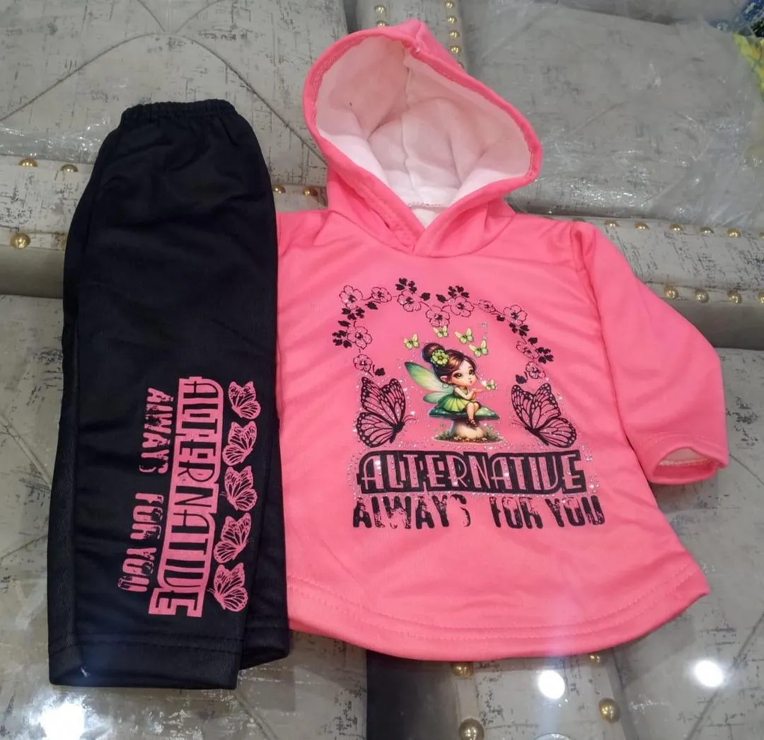 2 Pcs Girl's Fleece Printed Shirt And Trouser Suit