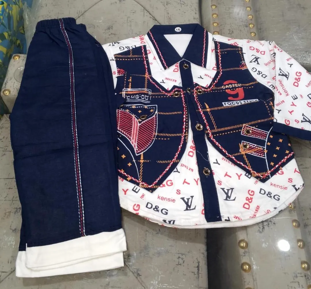 2 Pcs Boy's Cotton Blend Embroidered Shirt And Trouser Suit