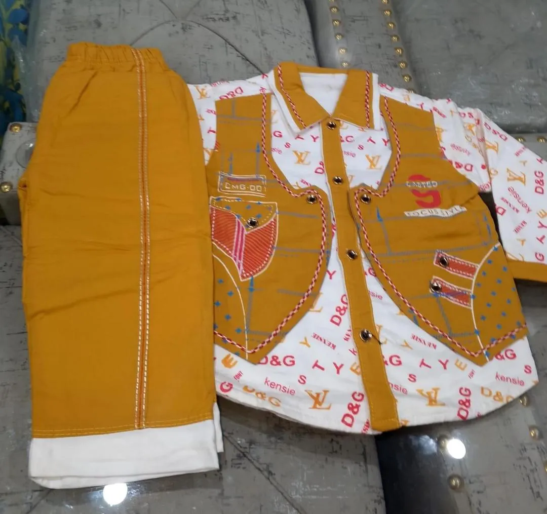 2 Pcs Boy's Cotton Blend Embroidered Shirt And Trouser Suit