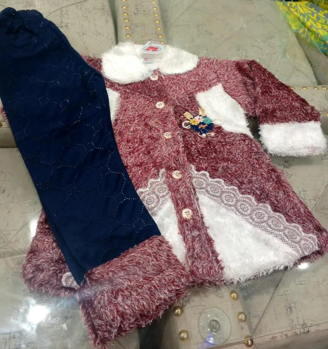 2 Pcs Girl's Fleece Textured Shirt & Trouser Suit – Premium Winter Outfit for Girls