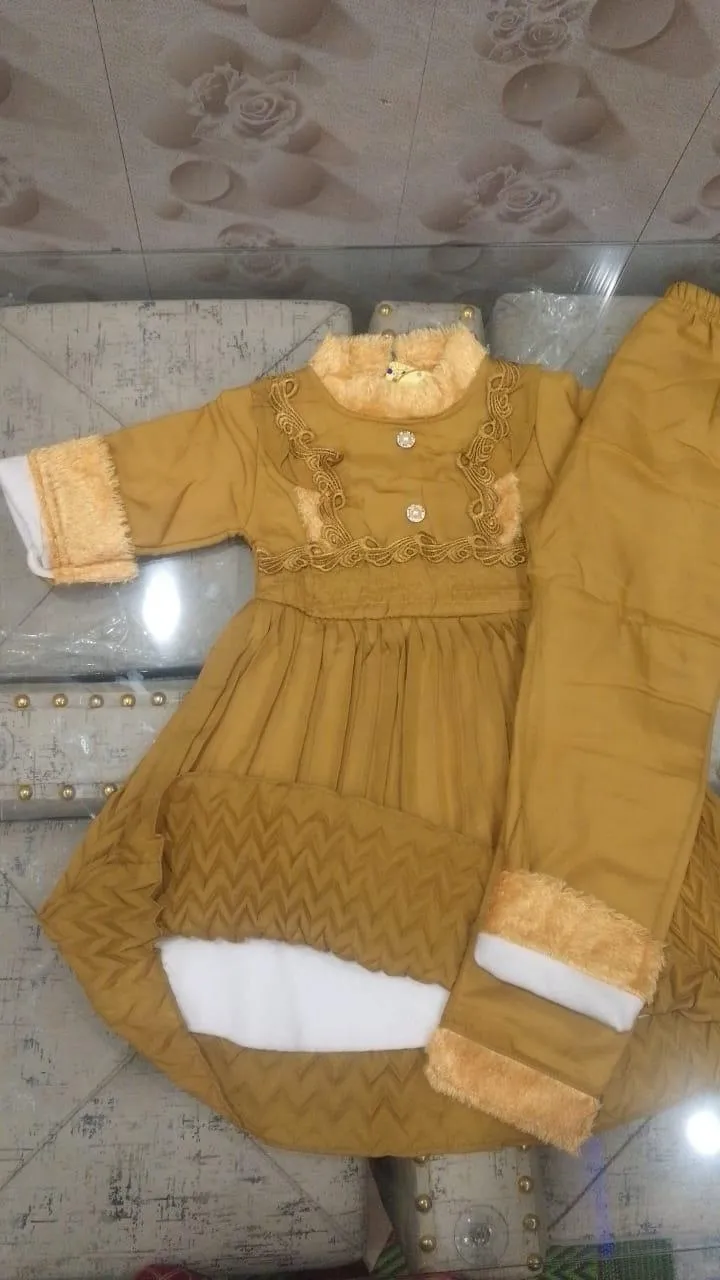 2 Pcs Girl's Fleece Plain Frock & Trouser Set – Winter Wear