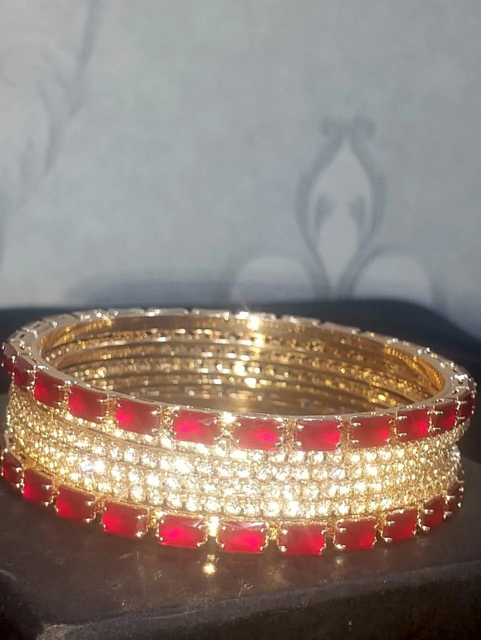 Set of 6 Gold-Plated Bangles with Red & Clear Crystal Stones for Women