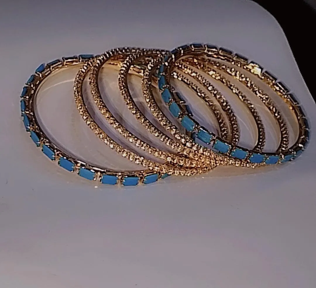 Set of 6 Gold-Plated Bangles with Blue & Clear Crystal Stones for Women