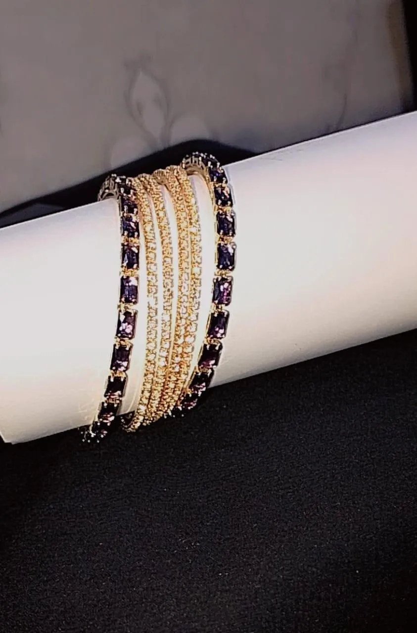 Set of 6 Gold-Plated Bangles with Purple & Clear Crystal Stones for Women