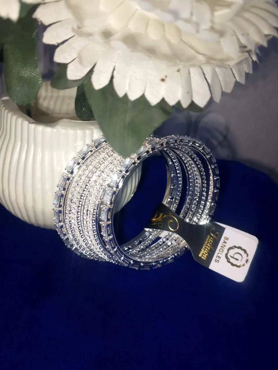 Set of 6 Gold-Plated Bangles with White & Clear Crystal Stones for Women