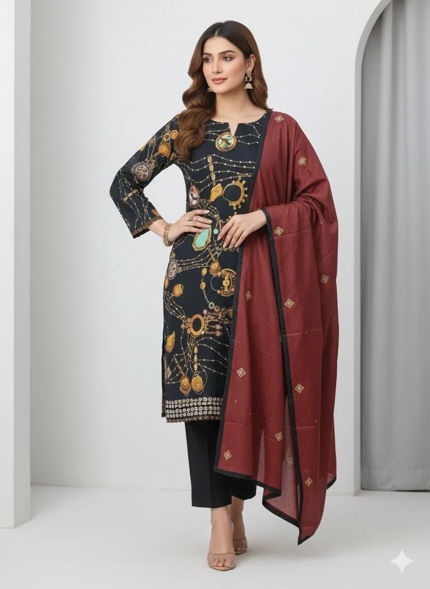 3 Pcs Women's Stitched Khaddar Printed Suit