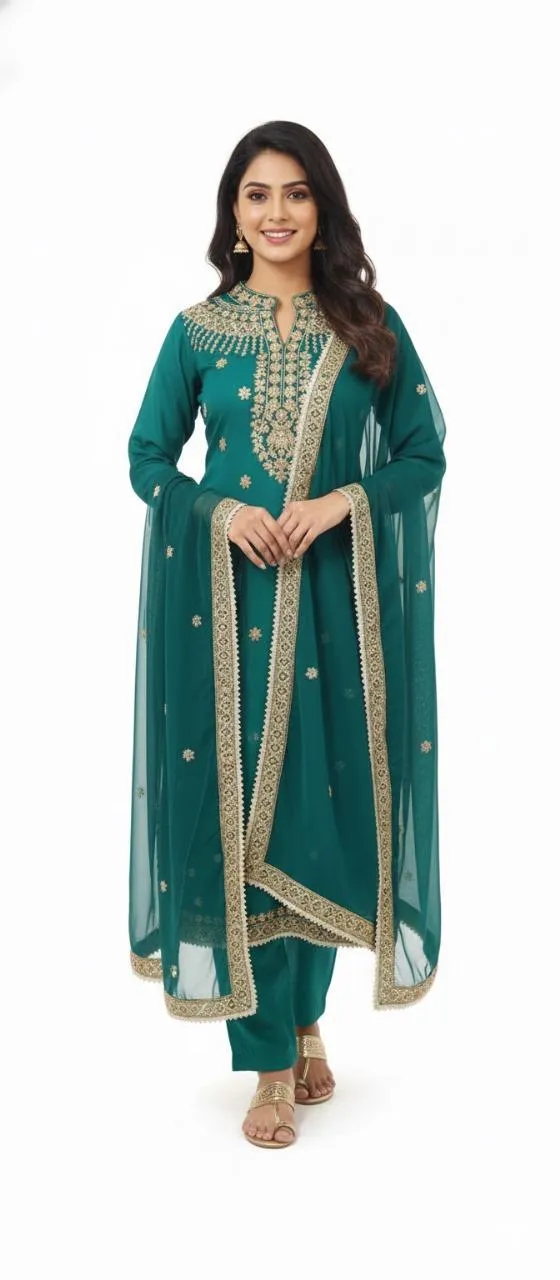 3 Pcs Women's Stitched Tissue Embroidered Frock And Trouser