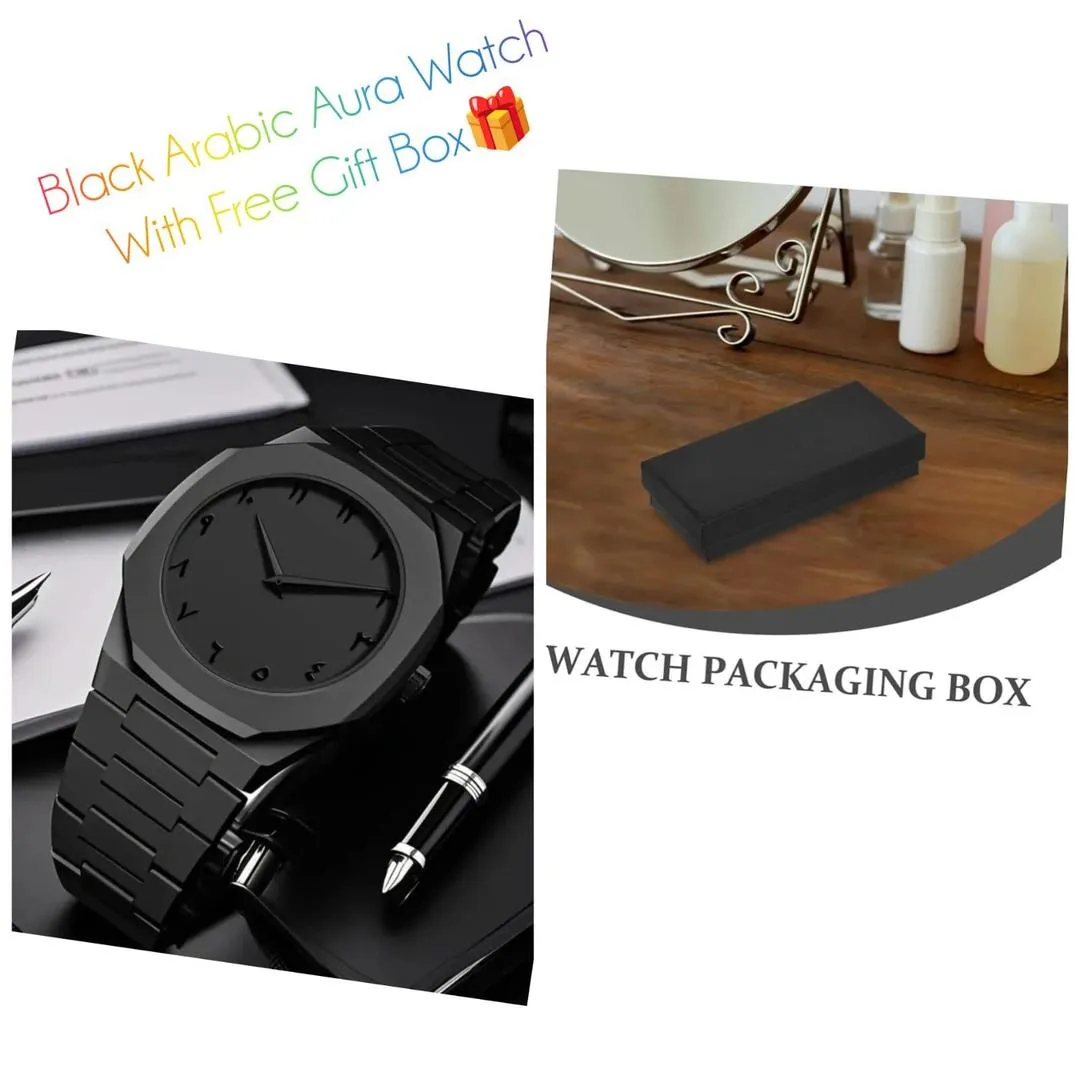 Men's Carbon Fiber Black Arabic Aura Watch With Free Gift Box 