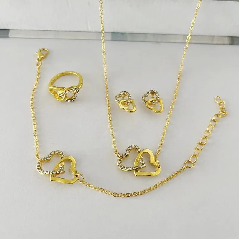 Stunning Double Heart Design Gold Plated Pendant Set - 4 Pcs for Women