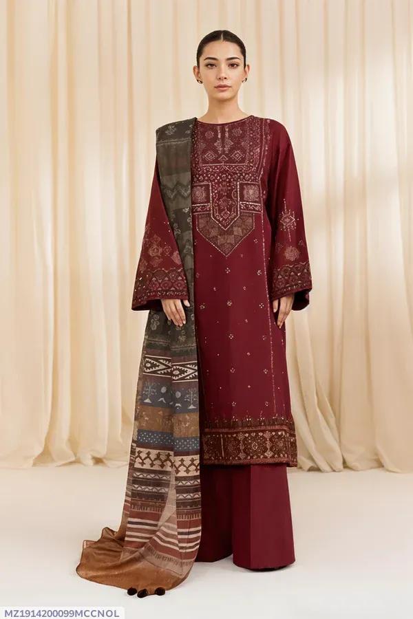 Maroon Embroidered Lawn 3Pcs Suit Set for Eid Weddings