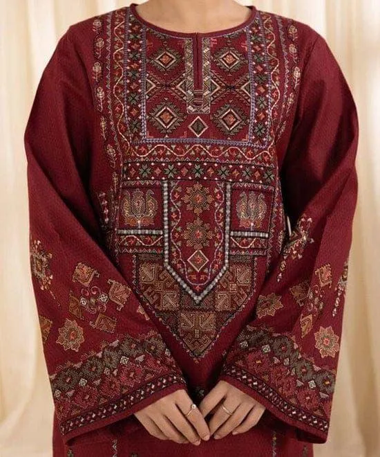 Maroon Embroidered Lawn 3Pcs Suit Set for Eid Weddings