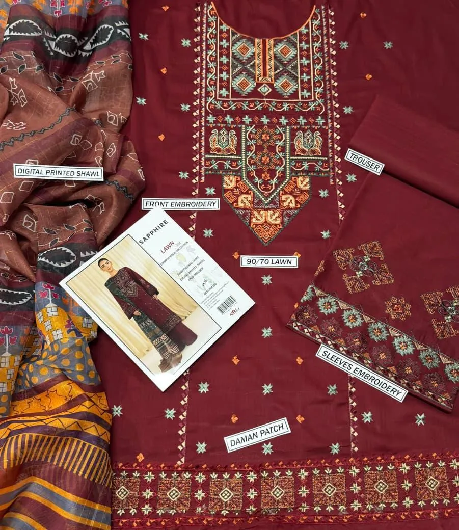 Maroon Embroidered Lawn 3Pcs Suit Set for Eid Weddings