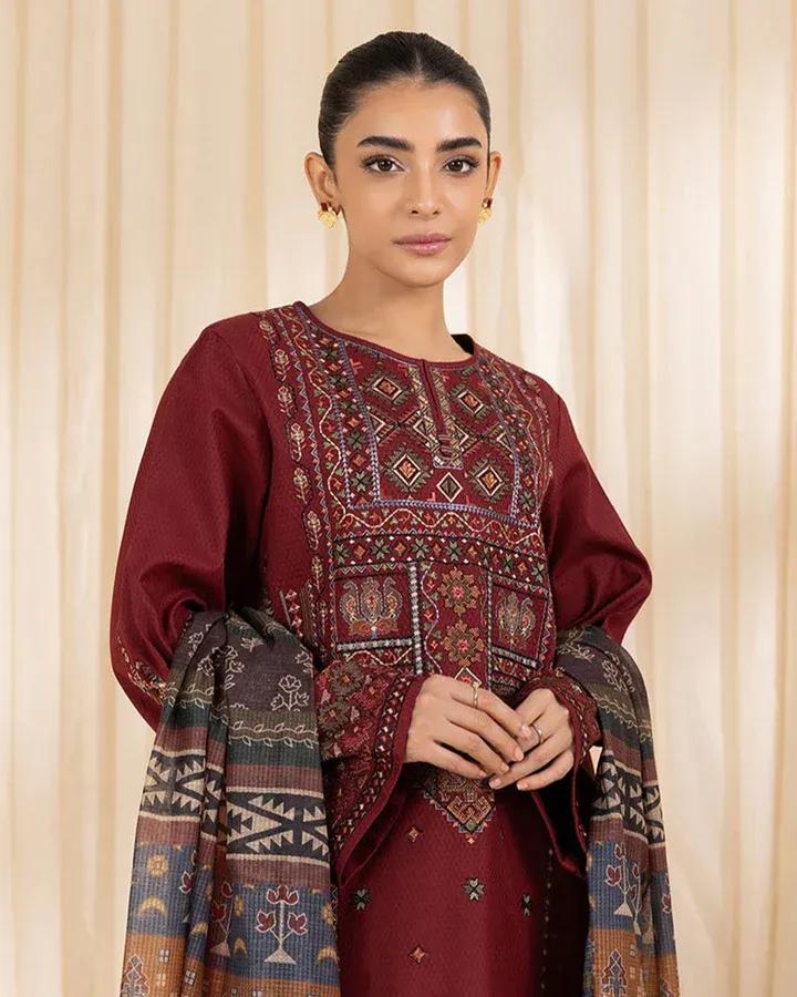 Maroon Embroidered Lawn 3Pcs Suit Set for Eid Weddings