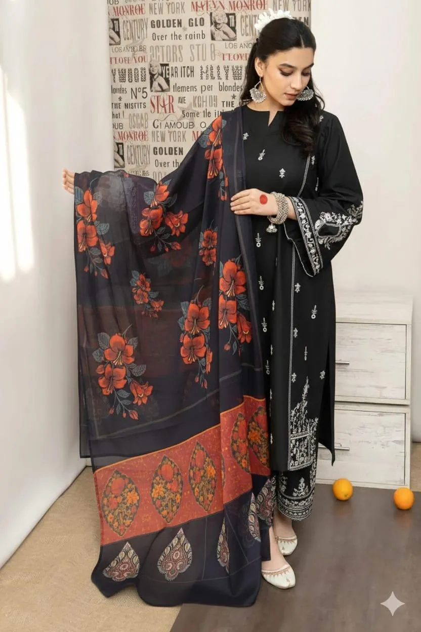 Black Embroidered Lawn 3Pcs Suit with Digital Print Dupatta