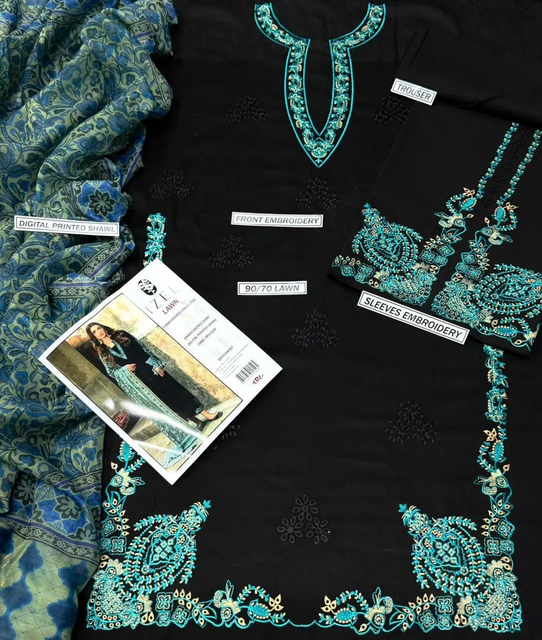 Black Embroidered 3-Piece Lawn Suit with Digital Print Dupatta