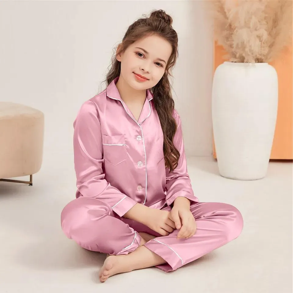 2 Pcs Girl's Stitched Polyester Plain Night Suit