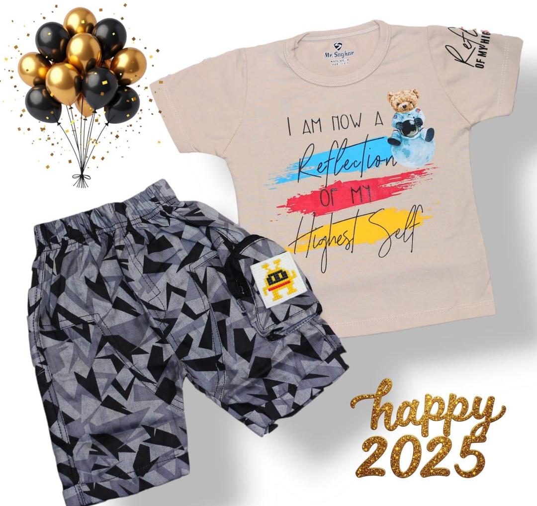 2 Pcs Boy's Cotton Jersey Printed Knicker And Shirt Set