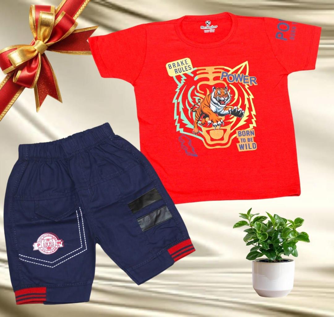 2 Pcs Boy's Cotton Jersey Printed Knicker And Shirt Set