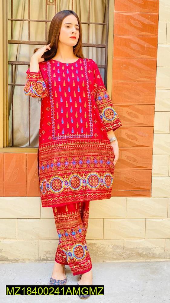 2 Pcs Women's Stitched Linen Printed Suit