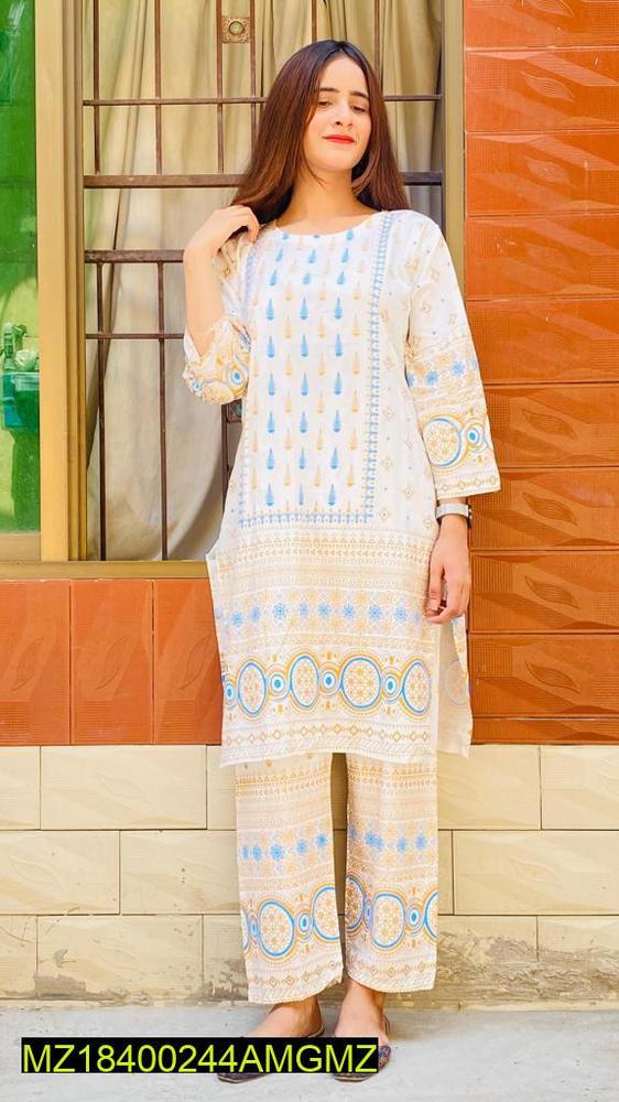 2 Pcs Women's Stitched Linen Printed Suit