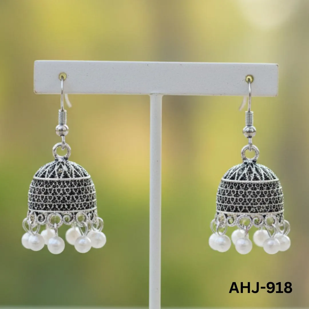 Silver Indian Jhumka Earrings with Pearl Drops